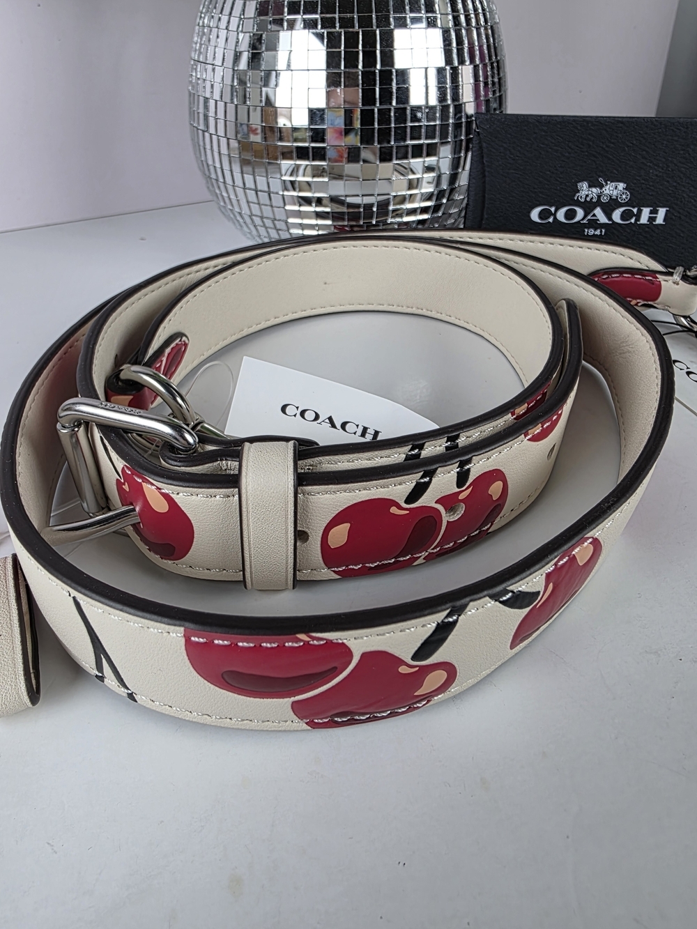 New Coach Cherry Print Leather Bag Strap - Cream & Red
